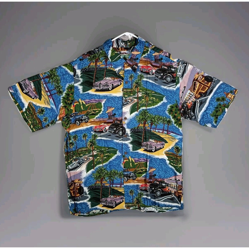 Reyn Spooner Hawaiian Shirt Men XL Blue California Landmarks Cars Aloha Rayon